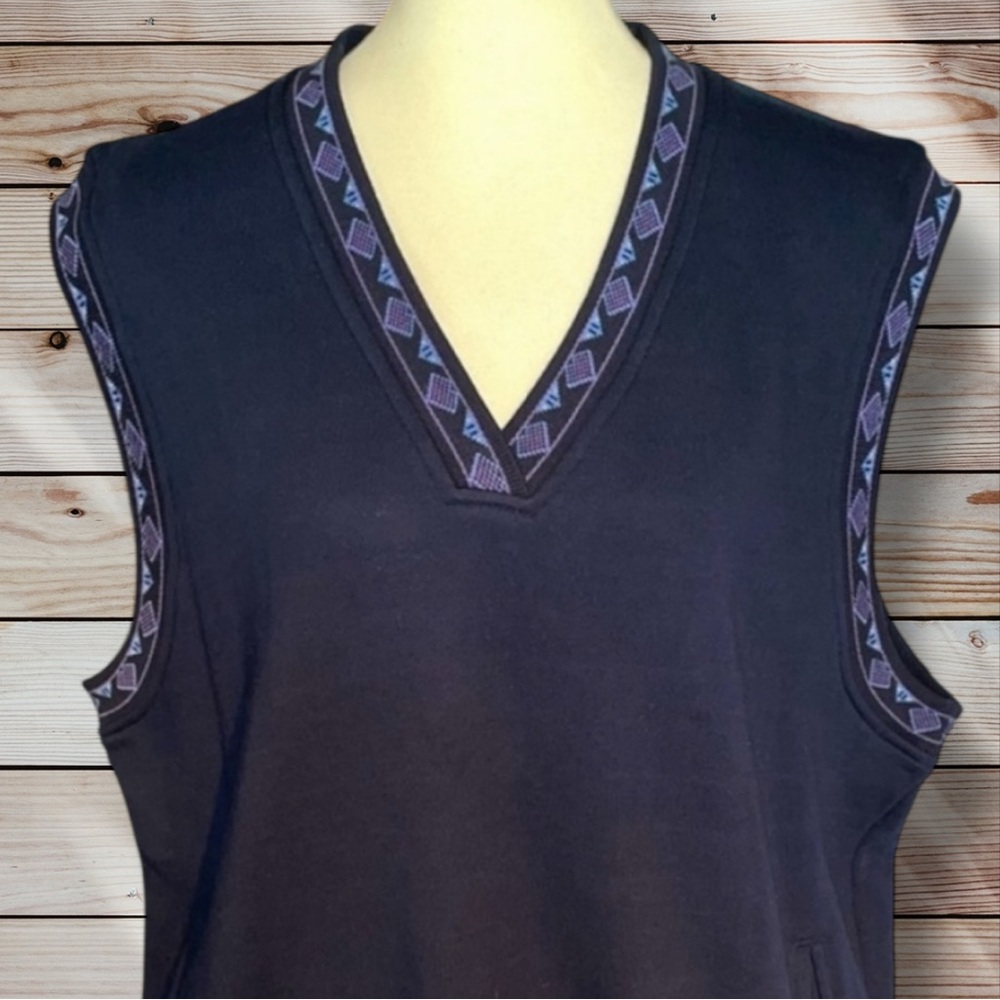Izod Club V-Neck Pullover Vest Sport Golf Blue Aztec Trim Accent Large EUC